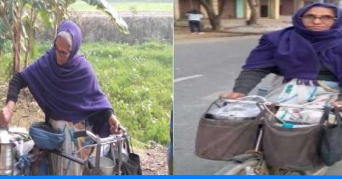 Old lady cycles to sell milk