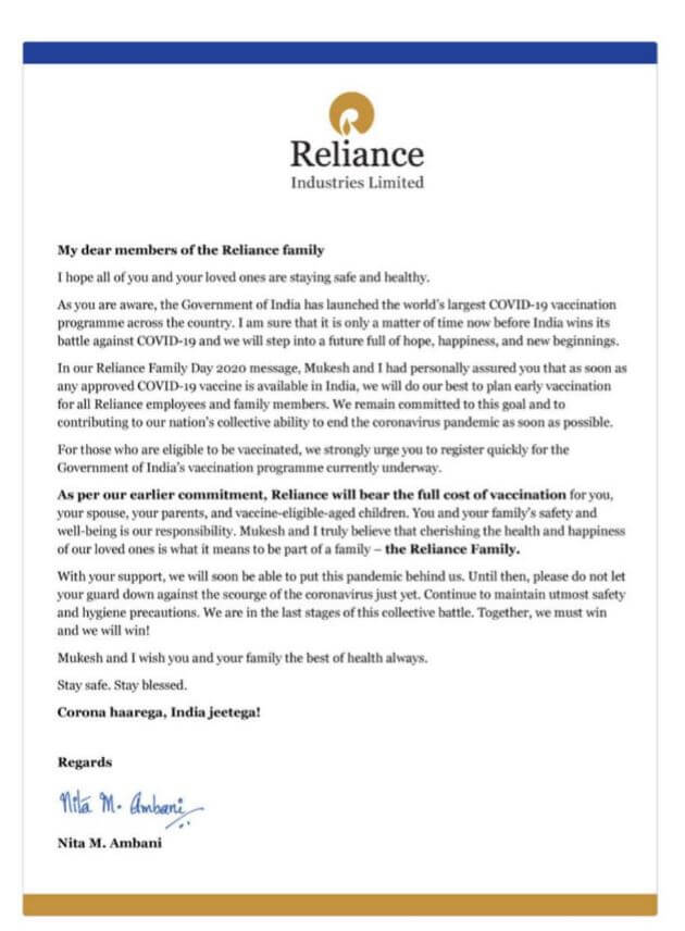 Reliance provide free vaccine to employees and family