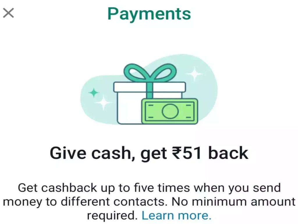 WhatsApp cashback offer on Upi payment