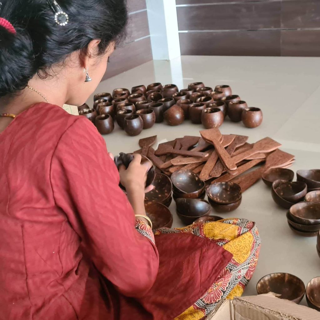 Maria Kuriakose making kitchenware from coconut shell