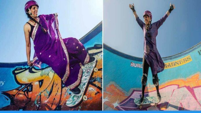 Oorbee Roy Skateboarding at the age of 46 wearing a saree