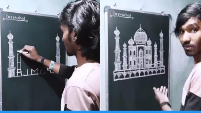 Viral video of a artist who draw Taj Mahal monument from spelling on blackboard