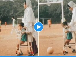 viral video of mother to support her disabled son to play football