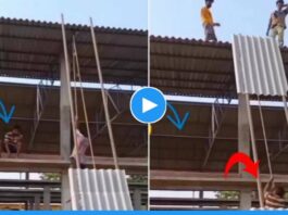Viral video of labour carrying cement sheet on the roof by Jugaad